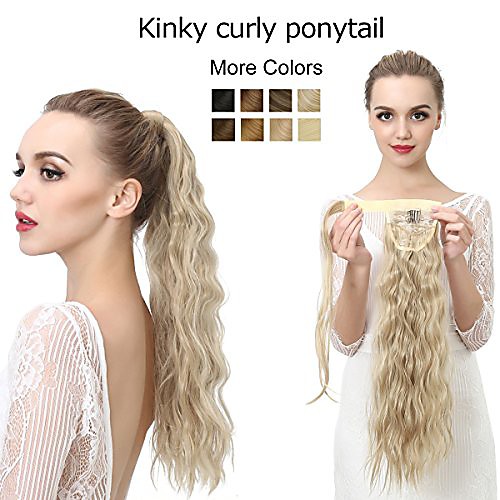 

curly blonde ponytail hair extension clip in wrap around long fake synthetic pony tail kinky curl yaki hairpiece hair piece for women girl lady 3.5oz 22 p009&27/613