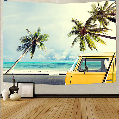 

Wall Tapestry Art Deco Blanket Curtain Picnic Table Cloth Hanging Home Bedroom Living Room Dormitory Decoration Polyester Fiber Beach Series Blue Sky Coconut Tree White Cloud Yellow Car