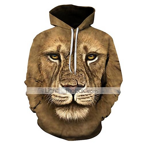 

Men's Plus Size Pullover Hoodie Sweatshirt Graphic Lion Animal Hooded Going out Club 3D Print Basic Casual Hoodies Sweatshirts Long Sleeve Brown