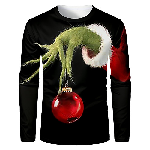 

Men's Graphic 3D T shirt 3D Print Long Sleeve Christmas Tops Basic Round Neck Black