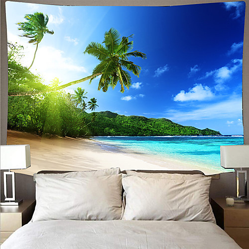 

Wall Tapestry Art Deco Blanket Curtain Picnic Table Cloth Hanging Home Bedroom Living Room Dormitory Decoration Polyester Fiber Beach Series Coconut Tree Blue Sea White Cloud Royal Blue Sky