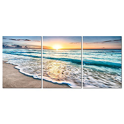 

3 panels blue beach sunrise white wave pictures painting on canvas wall art modern stretched seascape canvas prints seaview landscape artwork for home office decorations