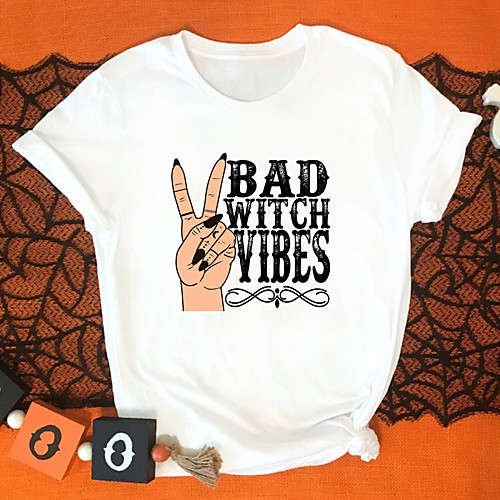 

Women's Witch T shirt Graphic Text Graphic Prints Print Round Neck Tops 100% Cotton Basic Basic Top Red Gold Green