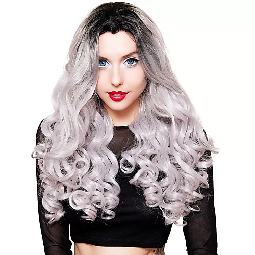 

Cosplay Wig Lace Front Dark Roots Curly Silver Body Wave Middle Part Wig Very Long Grey Synthetic Hair Women's Anime Cosplay Ombre Hair Gray