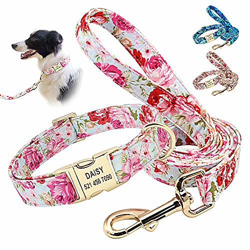 

soft floral id dog collars with name plate,beautiful flower print personalized puppy dog collar and 5ft leash set for small medium large dogs