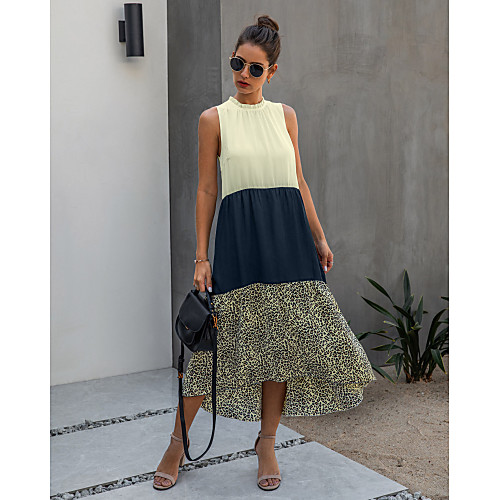 

Women's Swing Dress Midi Dress Black Blue Sleeveless Color Block Leopard Patchwork Print Summer Round Neck Hot Casual 2021 S M L XL XXL