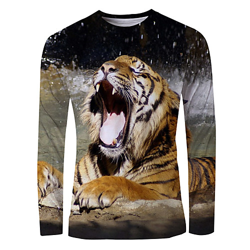 

Men's T shirt 3D Print Graphic Animal Long Sleeve Daily Tops Basic Brown