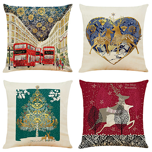 

Set of 4 Colorful Christmas Linen Square Decorative Throw Pillow Cases Sofa Cushion Covers 18x18