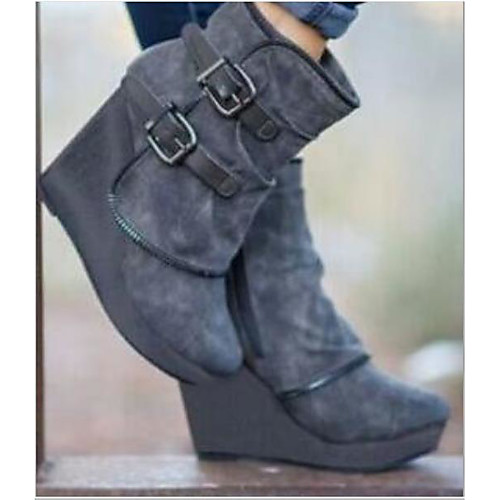 

Women's Boots Wedge Heel Round Toe Booties Ankle Boots Casual Daily Walking Shoes Nubuck Buckle Solid Colored Black Khaki Gray