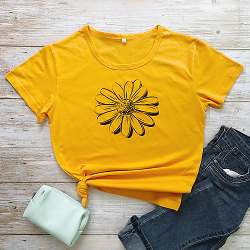 

Women's T shirt Floral Flower Print Round Neck Tops 100% Cotton Basic Basic Top White Purple Red