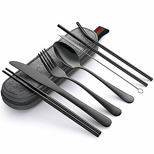 

devico portable utensils, travel camping cutlery set, 8-piece including knife fork spoon chopsticks cleaning brush straws portable case, stainless steel flatware set (8-piece purple)