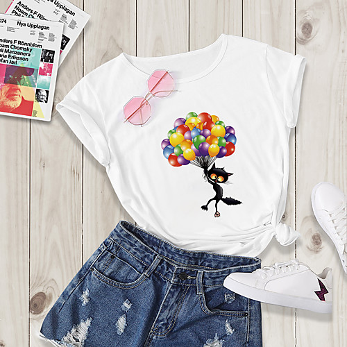 

Women's Going out T-shirt Cat Print Round Neck Tops Basic Basic Top White