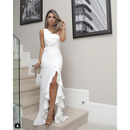 

Women's Sheath Dress Maxi long Dress White Black Red Sleeveless Solid Color Fall One Shoulder Hot Elegant 2021 S M L XL