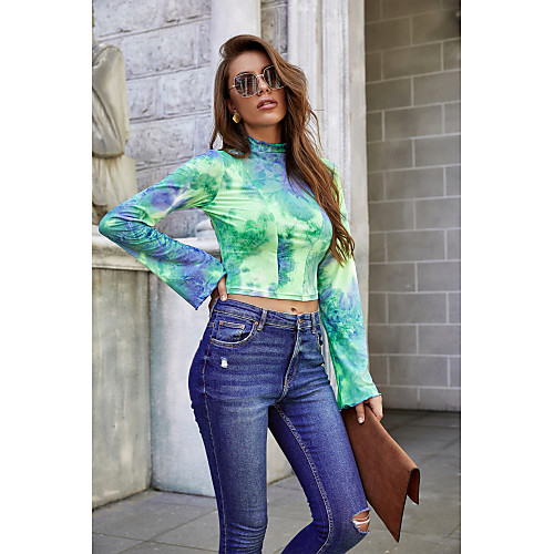 

Women's Holiday Blouse Shirt Tie Dye Long Sleeve High Neck Tops Slim Basic Hawaiian Basic Top Green / Crop