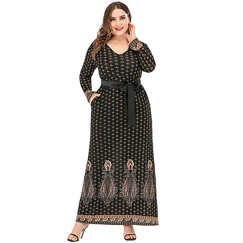 

Women's A Line Dress Maxi long Dress Black Long Sleeve Print Patchwork Bow Print Fall V Neck Casual 2021 XL XXL 3XL 4XL 5XL / Plus Size