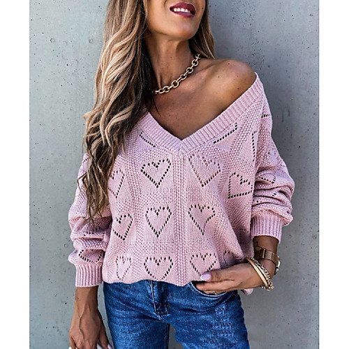 

Women's Basic Hollow Out Solid Color Plain Pullover Acrylic Fibers Long Sleeve Loose Sweater Cardigans V Neck Fall Winter White Blushing Pink Fuchsia