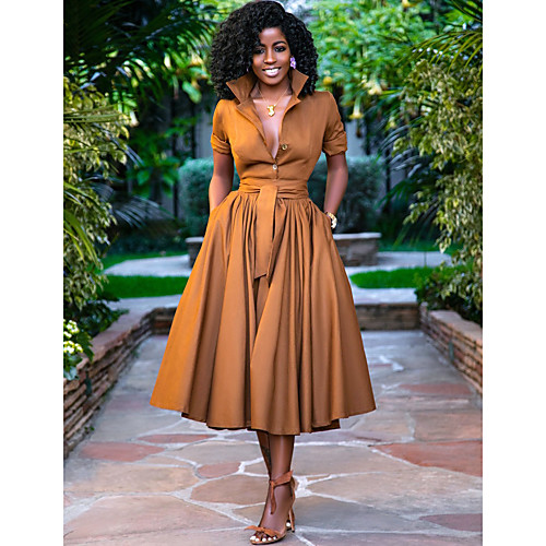 

Women's A Line Dress Midi Dress Army Green Orange Half Sleeve Solid Color Button Summer Shirt Collar Hot Casual 2021 S M L XL