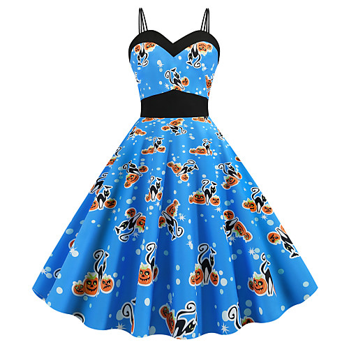 

Women's Halloween Strap Dress Knee Length Dress White Blue Yellow Light Blue Sleeveless Pumpkin Skeleton Print Patchwork Print Fall V Neck Hot Vintage 2021 S M L XL XXL