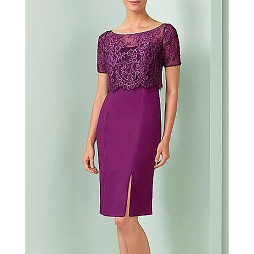 

Two Piece Sheath / Column Mother of the Bride Dress Elegant Jewel Neck Knee Length Lace Satin Short Sleeve with Split Front 2021
