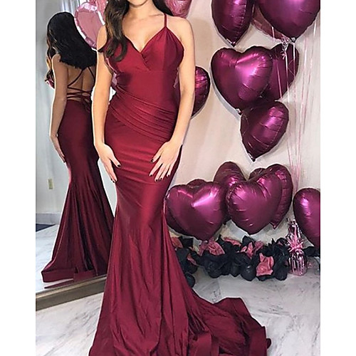 

Mermaid / Trumpet Minimalist Sexy Wedding Guest Formal Evening Dress V Neck Sleeveless Sweep / Brush Train Floor Length Stretch Satin with Ruched 2021