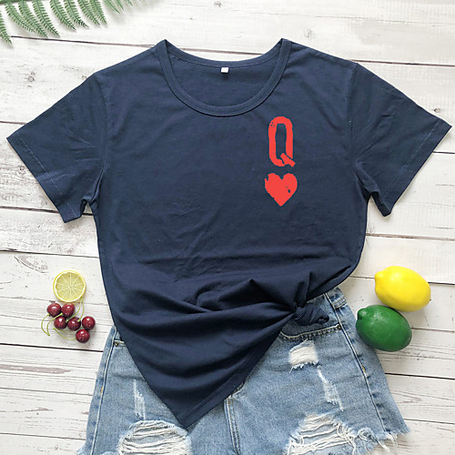 

Women's T shirt Heart Print Round Neck Tops 100% Cotton Basic Basic Top White Yellow Wine