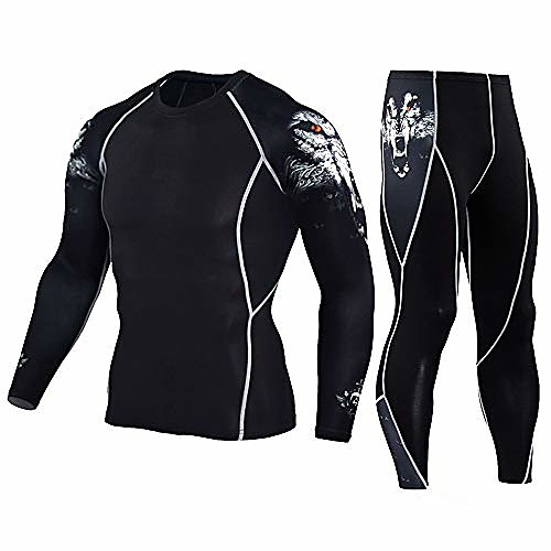 

men's workout set compression shirt and pants top long sleeve sports tight base layer suit quick dry & moisture-wicking black m