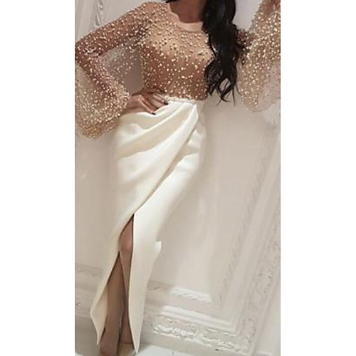 

Women's Shift Dress Maxi long Dress White Long Sleeve Solid Color Split Mesh Patchwork Fall Round Neck Hot Sexy 2021 S M L XL XXL