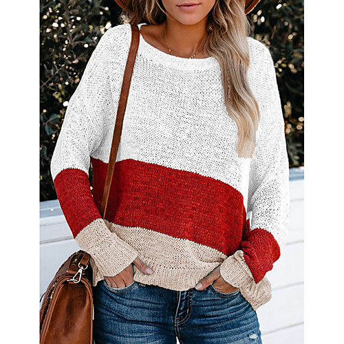 

Women's Color Block Pullover Cotton Long Sleeve Sweater Cardigans Round Neck White Yellow Blushing Pink