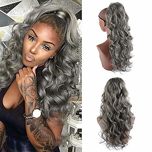 

24inch body wave pontail heat resistant synthetic long loose wavy drawstring ponytail extension for black woman (gray)