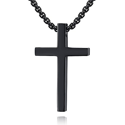 

simple stainless steel cross pendant chain necklace for men women, 20-22 inches link chain (black:1.20.7'' pendant20'' rolo chain)