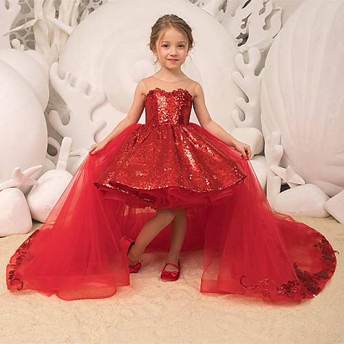 

Princess / Ball Gown Sweep / Brush Train Party / Wedding Flower Girl Dresses - Lace / Tulle Sleeveless Illusion Neck with Bow(s) / Tier / Paillette