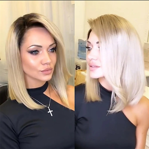 

Synthetic Wig Straight Asymmetrical Wig Short Blonde Synthetic Hair 14 inch Women's Fashionable Design Ombre Hair Comfy Blonde