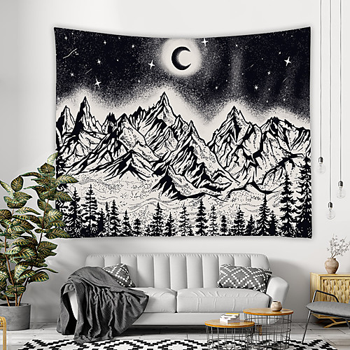 

Wall Tapestry Art Decor Blanket Curtain Picnic Tablecloth Hanging Home Bedroom Living Room Dorm Decoration Polyester Black And White Sky Moon Mountains