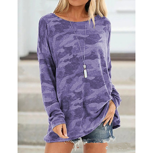 

Women's T shirt Camouflage Camo Long Sleeve Print Round Neck Tops Basic Basic Top Blue Purple Wine