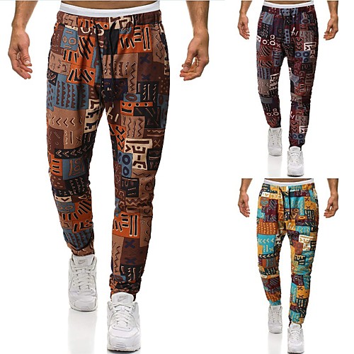 

Men's Chinoiserie Folk Style Harlem Pants Outdoor Slim Daily Home Harem Pants Print Multi Color Patterned Ankle-Length Baggy Drawstring Yellow Khaki Navy Blue