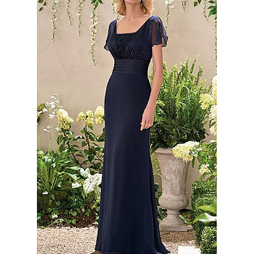 

Sheath / Column Mother of the Bride Dress Elegant Scoop Neck Floor Length Chiffon Lace Short Sleeve with Beading Pattern / Print Ruching 2021