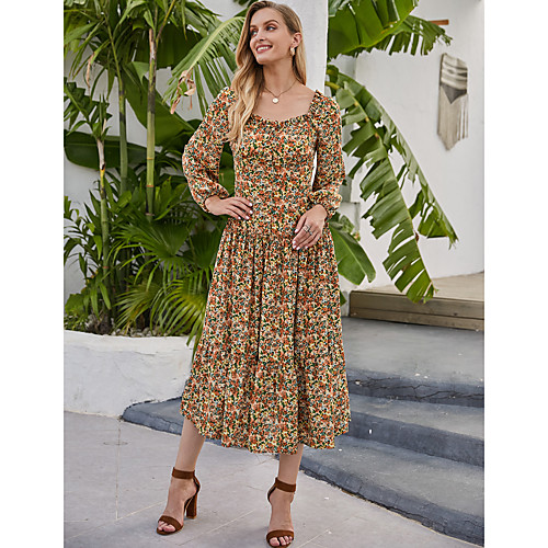

Women's Swing Dress Midi Dress Rainbow Long Sleeve Floral Print Fall Winter Square Neck Casual Boho Lantern Sleeve 2021 S M L XL