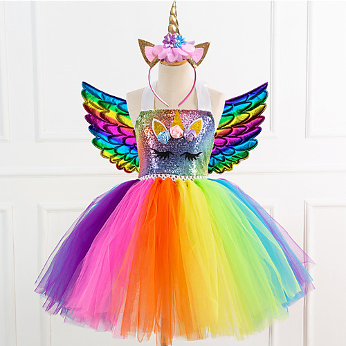 

Unicorn Dress Wings Headband Girls' Movie Cosplay Dance Tight Tutus Vacation Dress Golden Blue Rainbow Dress Wings Headwear Christmas Halloween Carnival Polyester / Cotton Polyester