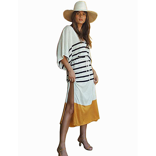 

Women's Shift Dress Maxi long Dress Yellow Half Sleeve Striped Print Summer V Neck Hot Casual Batwing Sleeve 2021 S M L XL