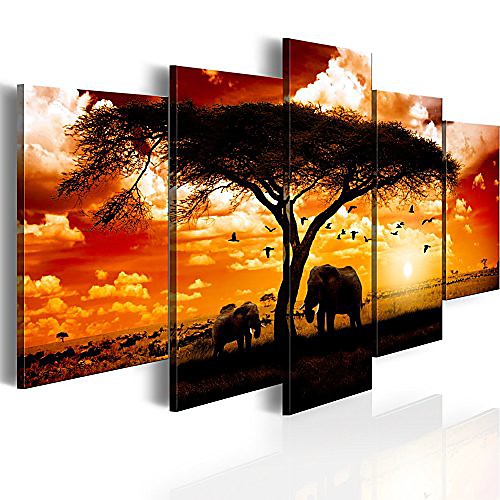 

5 Panel African Elephant Print Painting on Canvas Wall Decor Art Animal Picture for Living Room Landscape Sunset Artwork Framed Ready to Hang