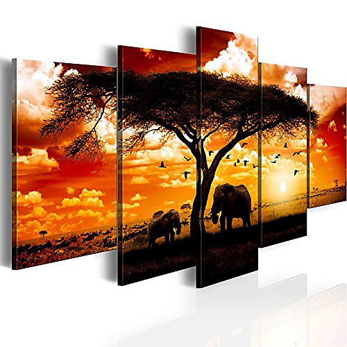 

5 panel african elephant painting on canvas wall decor art animal picture for living room landscape sunset artwork framed and ready to hang (flock madarak eg�sz szavanna, 40x 20)