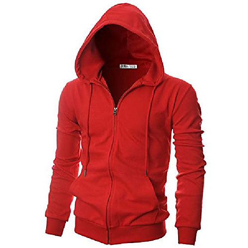 

mens slim fit long sleeve lightweight one-tone coverseam zip-up hoodie with kanga pocket//dcf136-red-xl