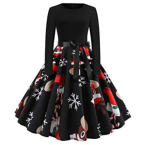 

Women's A-Line Dress Knee Length Dress - Long Sleeve Print Lace up Print Fall Hot Vintage Christmas Slim 2020 White Red Green S M L XL XXL