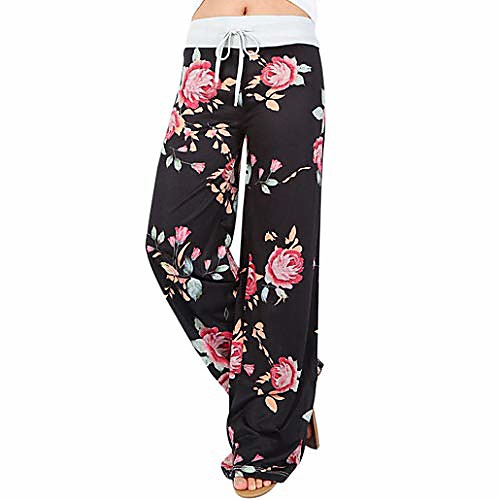 

women floral prints drawstring wide leg pants leggings(black ,xl)