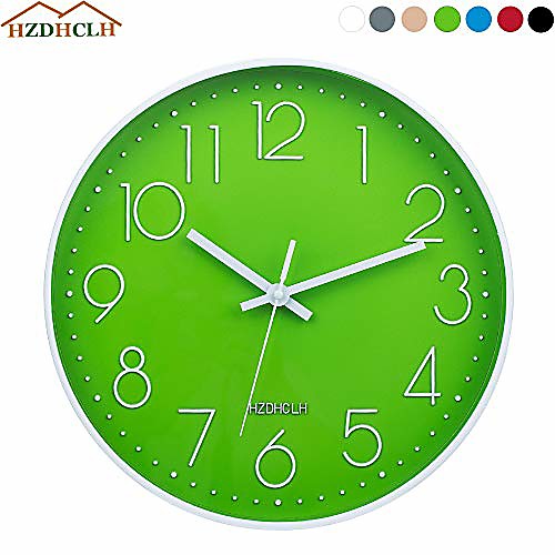 

12 inch modern wall clock silent non-ticking quartz sweep decorative battery operated plastic frame glass cover wall clocks for home living room office school(green) 30cm30cm