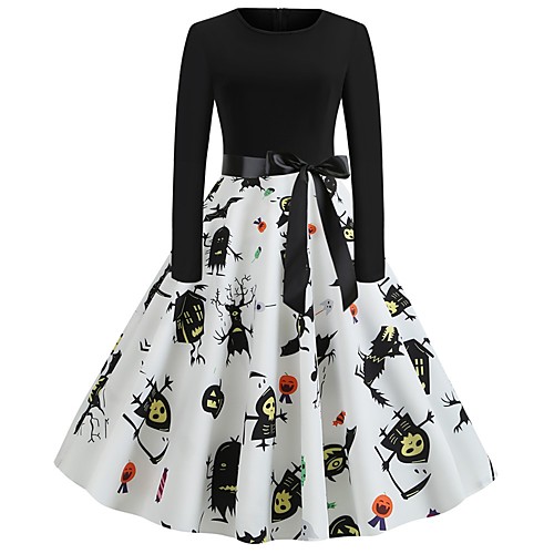 

Women's Halloween A Line Dress Knee Length Dress White Blue Purple Red Orange Green Brown Long Sleeve Pumpkin Skulls Print Patchwork Bow Print Summer Round Neck Hot Vintage 2021 S M L XL XXL