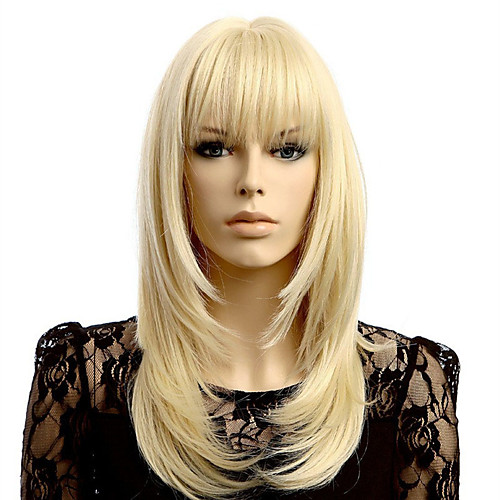 

Synthetic Wig Straight Neat Bang Wig Medium Length Blonde Synthetic Hair Women's Cosplay Cool Blonde