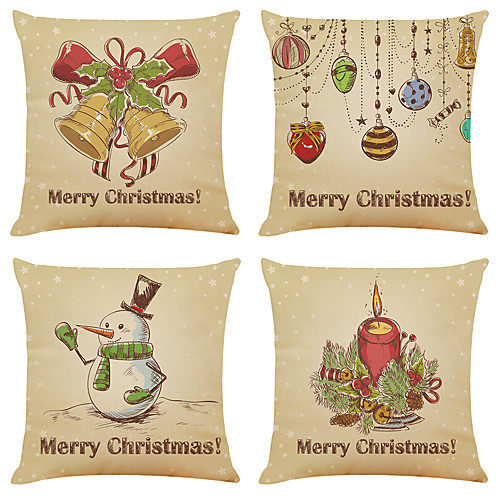 

Set of 4 Retro christmas Linen Square Decorative Throw Pillow Cases Sofa Cushion Covers 18x18