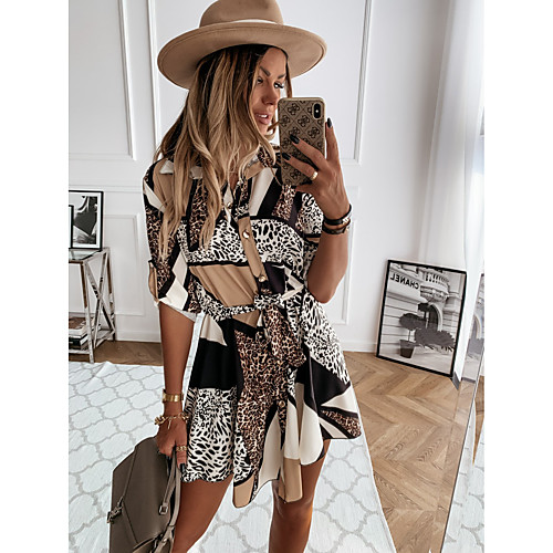 

Women's Shirt Dress Short Mini Dress Black Brown Long Sleeve Print Print Fall Shirt Collar Hot Sexy 2021 S M L XL