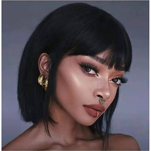 

Human Hair Wig Short Straight Bob Neat Bang Natural Women Sexy Lady New Capless Malaysian Hair Women's Natural Black #1B 12 inch 14 inch 16 inch